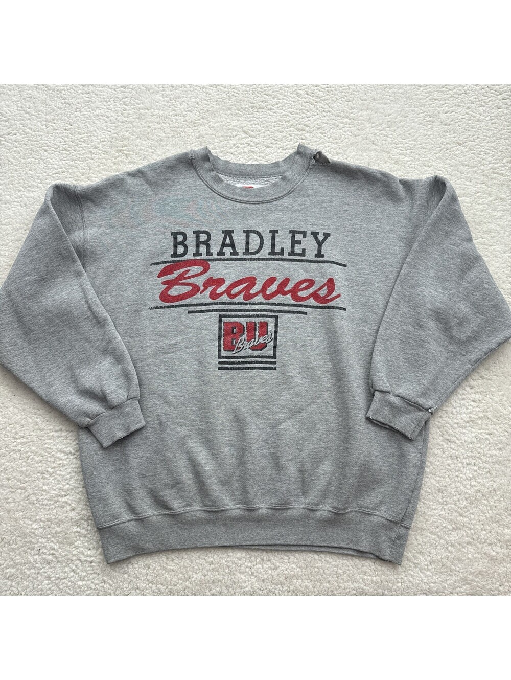 Vintage '90s Bradley Braves Crewneck Sweatshirt Size XL Dodger USA Gray Distress